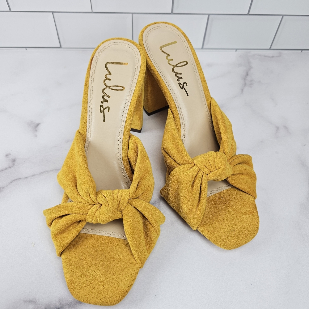 Lulu's Mustard Yellow Suede Bow Heeled Sandals